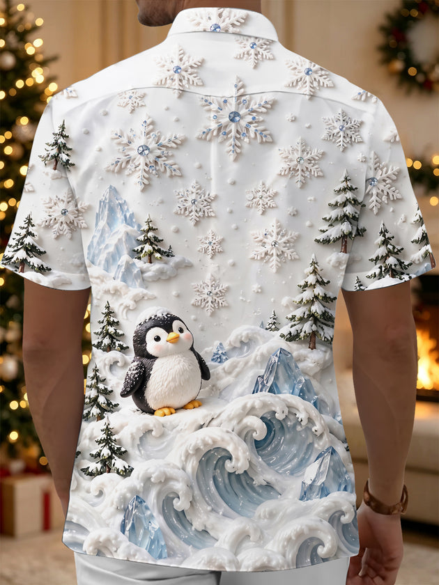 Adaychic Men's Graphic 3D Winter Snowscape Print Short Sleeve Shirt with Chest Pocket