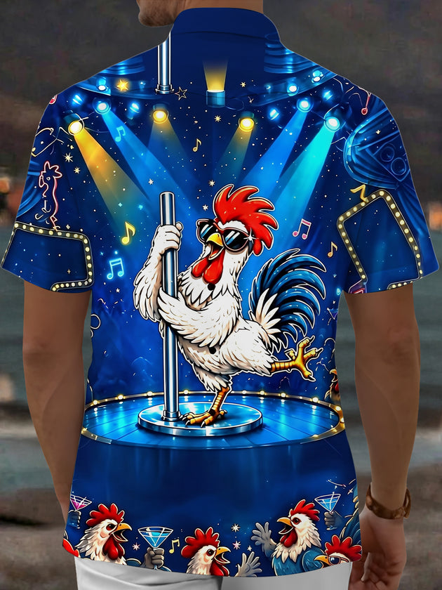 Adaychic Men's Hawaiian Dancing Rooster Print Short Sleeve Shirt with Chest Pocket