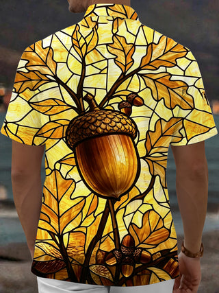 Adaychic Men's Hawaiian Stained Glass Acorn Print Short Sleeve Shirt with Chest Pocket