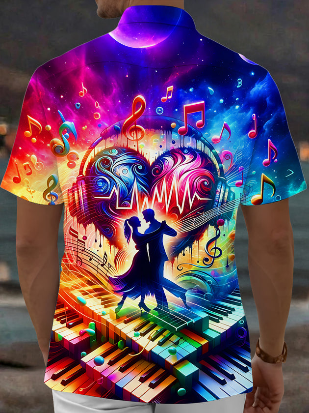 Adaychic Men's Graphic Music Notes Print Short Sleeve Shirt with Chest Pocket