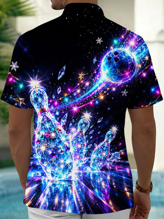 Adaychic Men's Short Sleeve Shirt - Crystal Bowling Pins And Bowling Ball With Christmas Ornaments Print with Chest Pocket