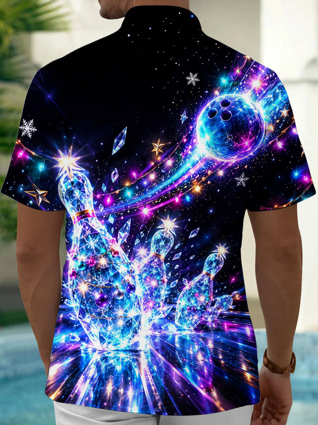 Adaychic Men's Short Sleeve Shirt - Crystal Bowling Pins And Bowling Ball With Christmas Ornaments Print with Chest Pocket