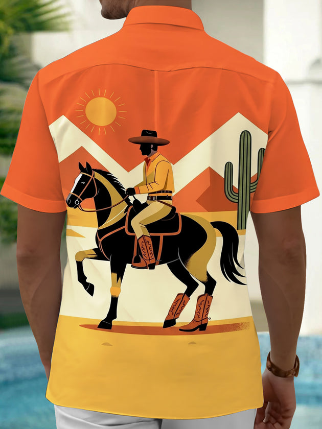 Adaychic Men's Vintage Style Cowboy On Horse Print Short Sleeve Shirt with Chest Pocket