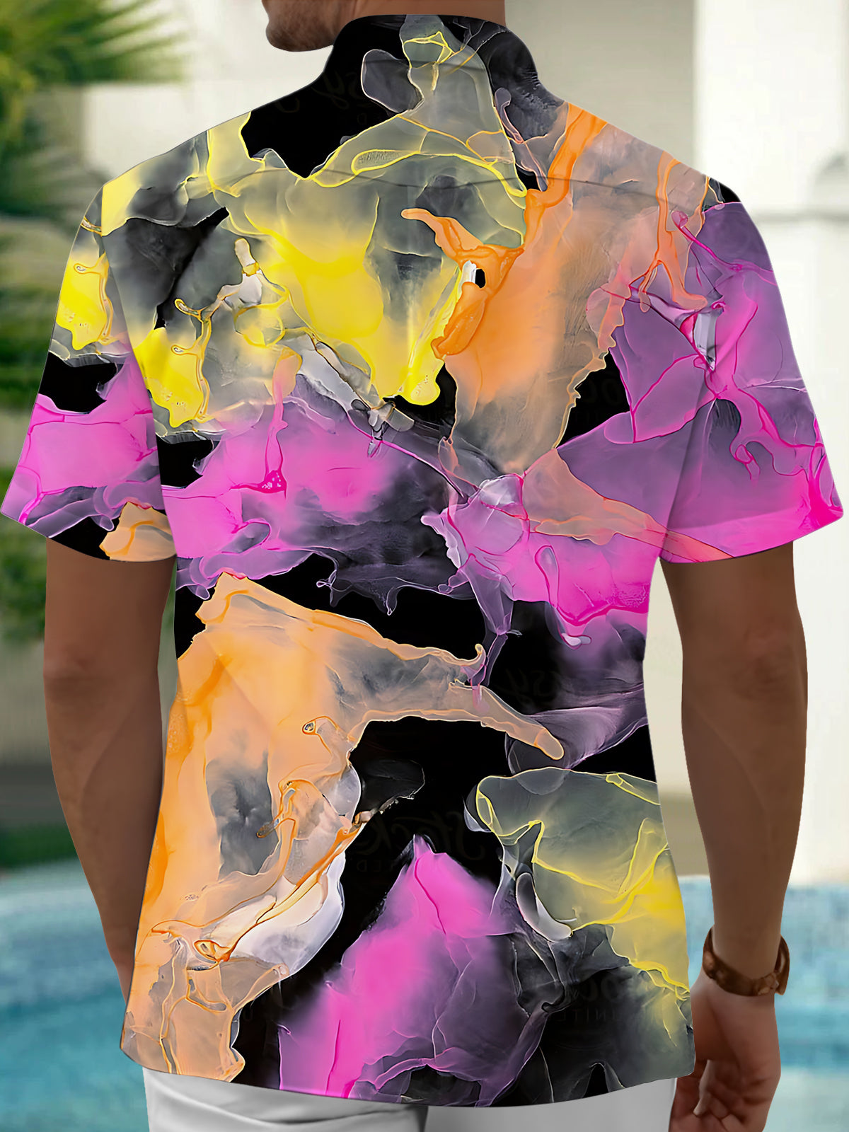Adaychic Men's Printed Abstract Colorful Swirls Print Short Sleeve Shirt with Chest Pocket
