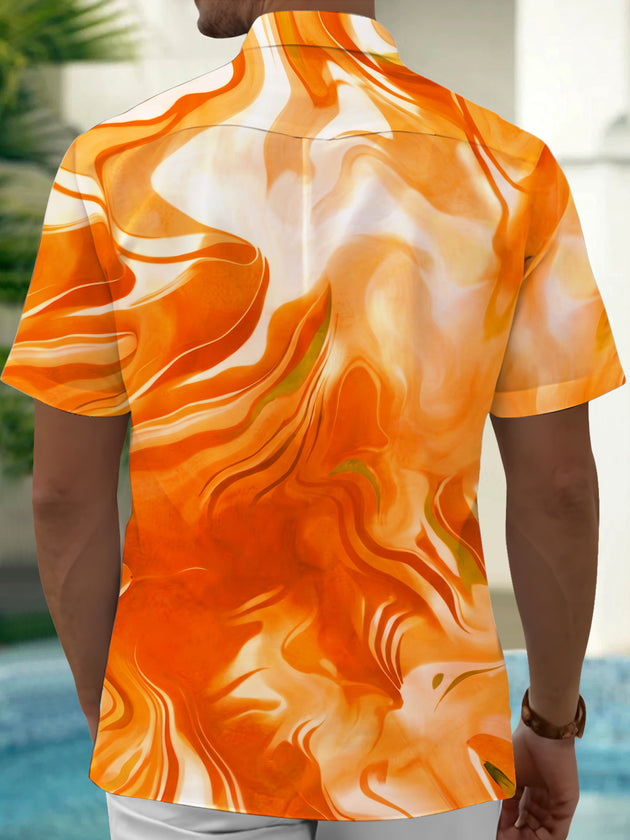 Adaychic Men's Printed Orange Fluid Marble Print Short Sleeve Shirt with Chest Pocket