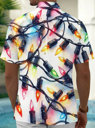 Adaychic Men's Hawaiian Christmas Lights Print Short Sleeve Shirt with Chest Pocket