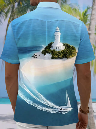 Adaychic Men's Hawaiian Lighthouse Island Print Short Sleeve Shirt with Chest Pocket