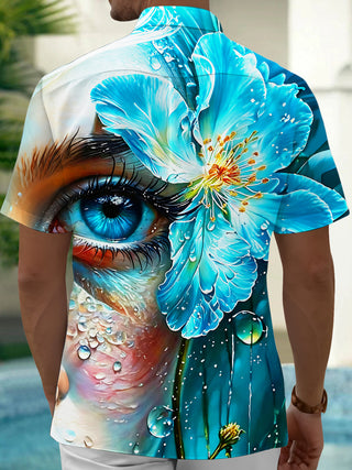 Adaychic Blue Flower Human Eye Men's Short Sleeve Shirt with Chest Pocket