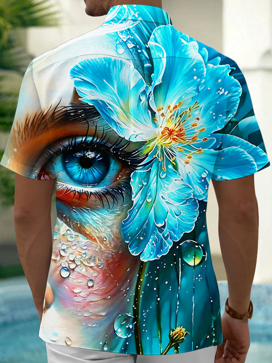 Adaychic Blue Flower Human Eye Men's Short Sleeve Shirt with Chest Pocket