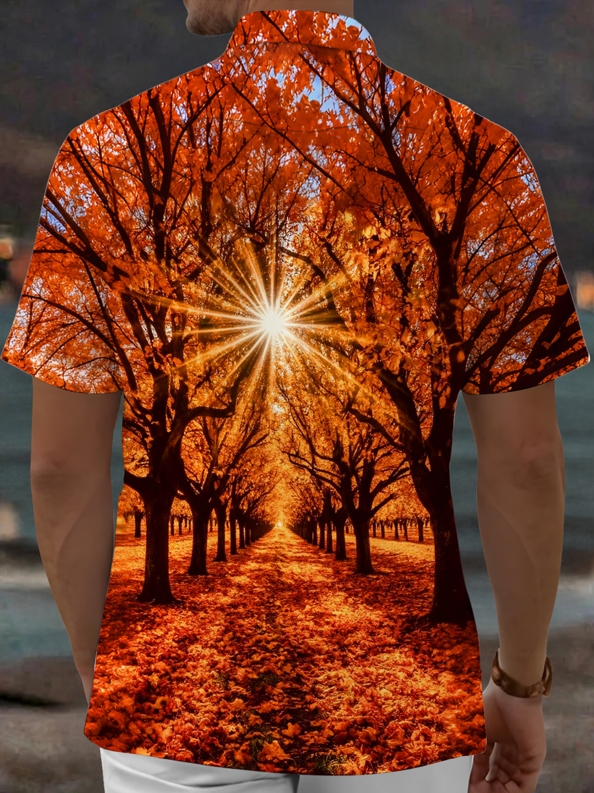 Adaychic Men's Printed Autumn Forest Path Print Short Sleeve Shirt with Chest Pocket