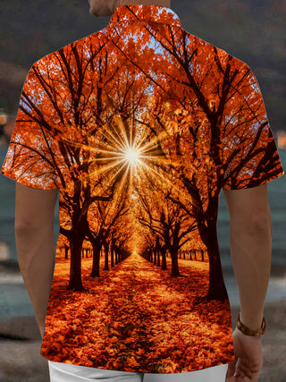 Adaychic Men's Printed Autumn Forest Path Print Short Sleeve Shirt with Chest Pocket
