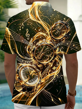 Adaychic Black Gold Music Clock Men's Short Sleeve Shirt with Chest Pocket
