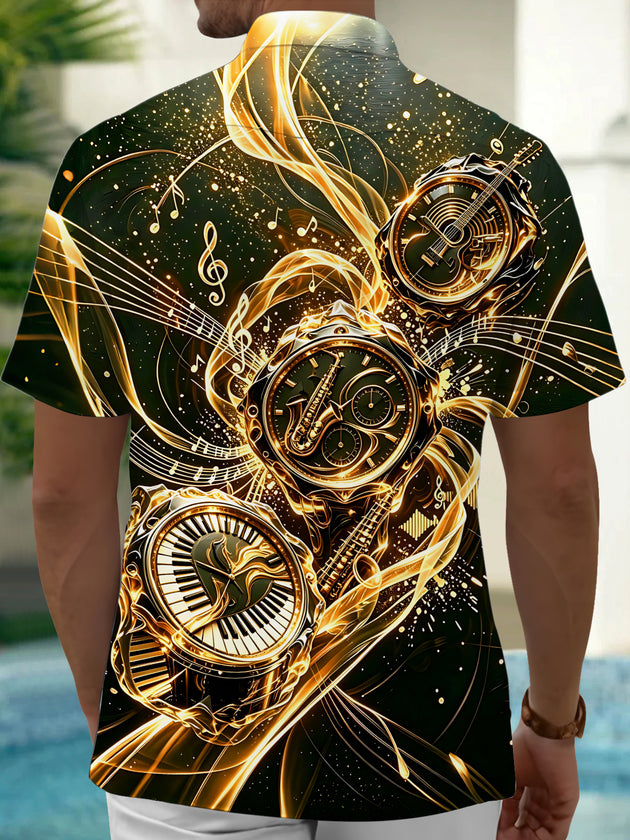 Adaychic Black Gold Music Clock Men's Short Sleeve Shirt with Chest Pocket