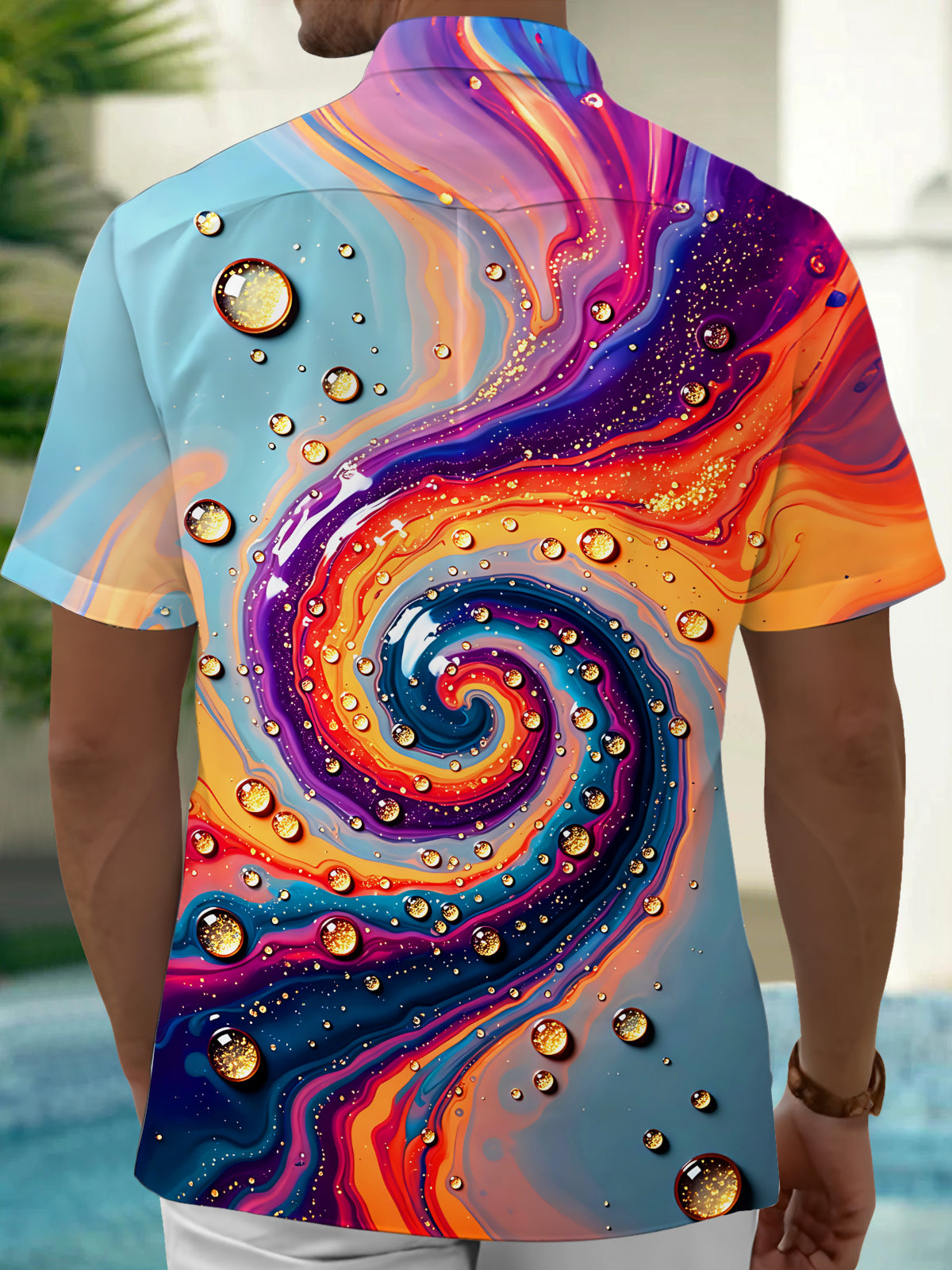 Adaychic Fluid Swirl Gemstone Men's Short Sleeve Shirt with Chest Pocket
