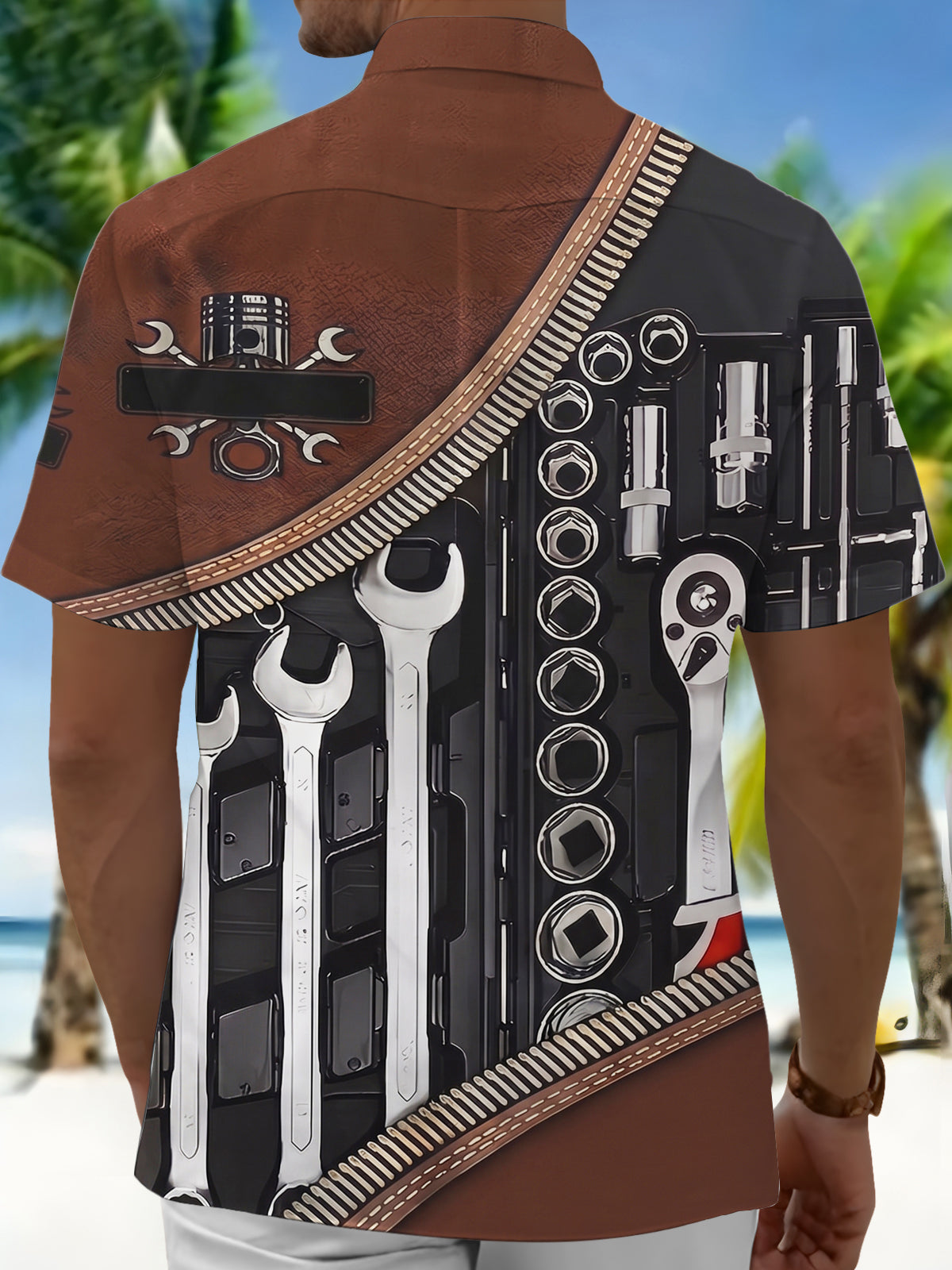 Adaychic Men's Printed Mechanical Tool Set Print Short Sleeve Shirt with Chest Pocket