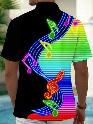 Adaychic Men's Striped Neon Music Notes Print Short Sleeve Shirt with Chest Pocket