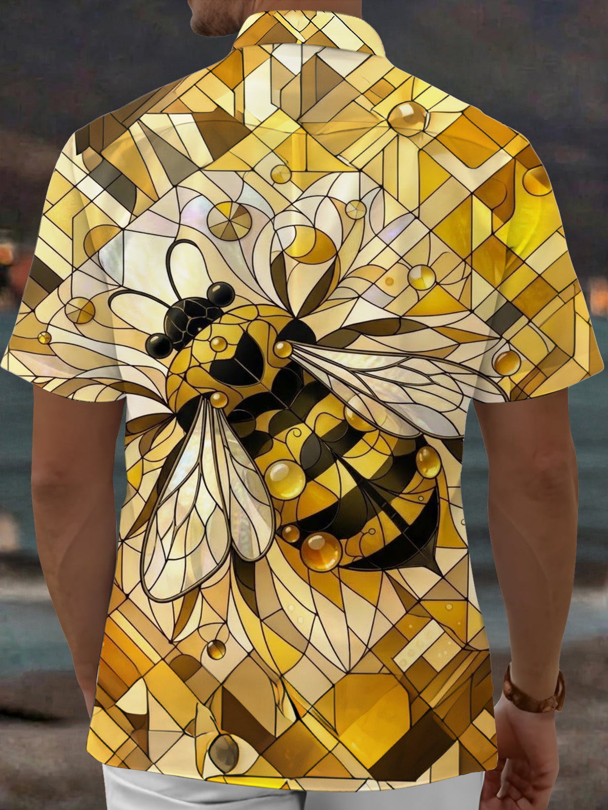 Adaychic Men's Printed Stained Glass Bee Print Short Sleeve Shirt with Chest Pocket