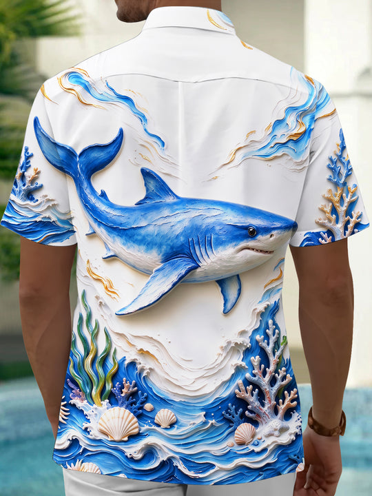 Adaychic Men's Graphic 3D Embossed Shark Print Short Sleeve Shirt with Chest Pocket
