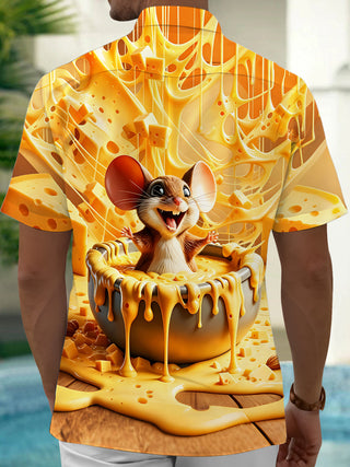 Adaychic Men's Printed Cheese Mouse Print Short Sleeve Shirt with Chest Pocket