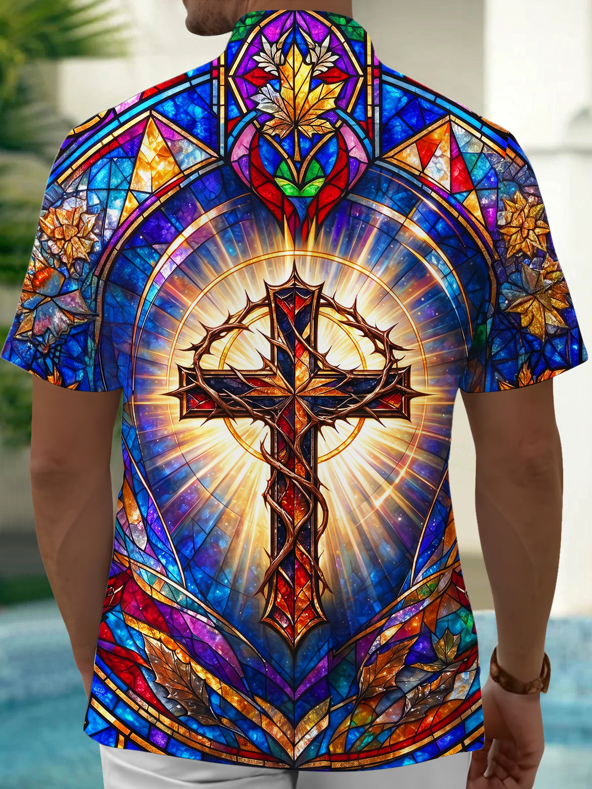 Adaychic Men's Stained Glass Crown Of Thorns Cross Print Short Sleeve Shirt with Chest Pocket