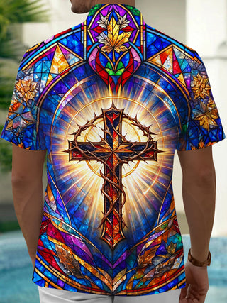 Adaychic Men's Stained Glass Crown Of Thorns Cross Print Short Sleeve Shirt with Chest Pocket