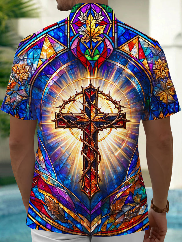 Adaychic Men's Stained Glass Crown Of Thorns Cross Print Short Sleeve Shirt with Chest Pocket