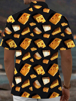 Adaychic Men's Hawaiian Cheese Print Cheese Wedges Print Short Sleeve Shirt with Chest Pocket