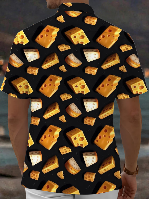 Adaychic Men's Hawaiian Cheese Print Cheese Wedges Print Short Sleeve Shirt with Chest Pocket