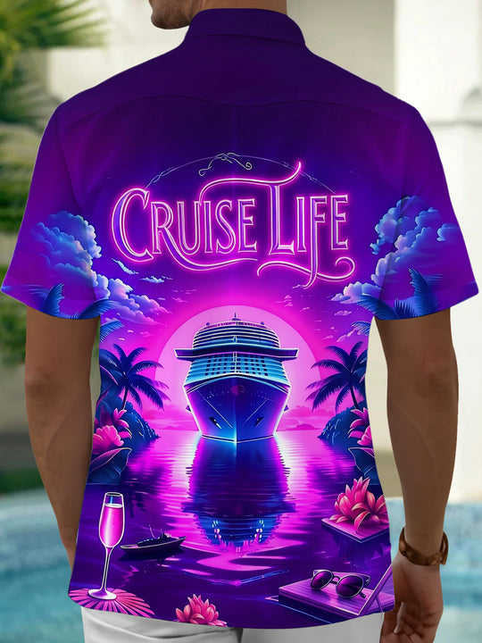 Adaychic Men's Hawaiian Cruise Life Tropical Print Short Sleeve Button Down Shirt with Chest Pocket