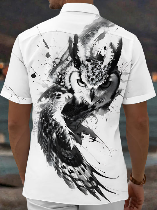 Adaychic Men's Printed Owl Graphic Ink Splatter Print Short Sleeve Shirt with Chest Pocket
