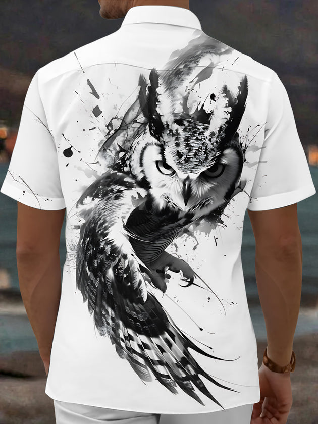 Adaychic Men's Printed Owl Graphic Ink Splatter Print Short Sleeve Shirt with Chest Pocket