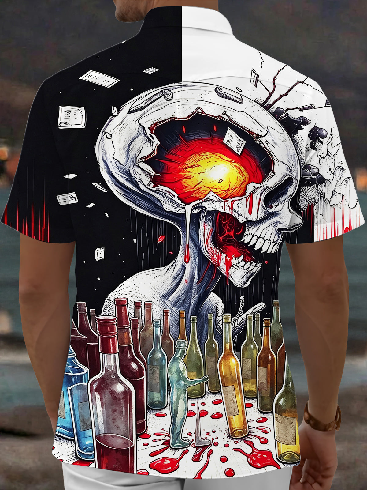 Adaychic Men's Graphic Blood Splatter Art Print Skull Print Short Sleeve Shirt with Chest Pocket