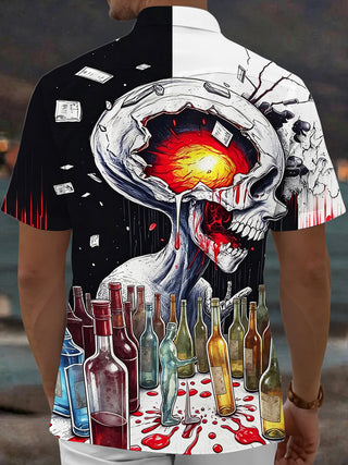 Adaychic Men's Graphic Blood Splatter Art Print Skull Print Short Sleeve Shirt with Chest Pocket