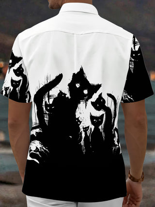 Adaychic Men's Graphic Black Cat Print Short Sleeve Shirt with Chest Pocket