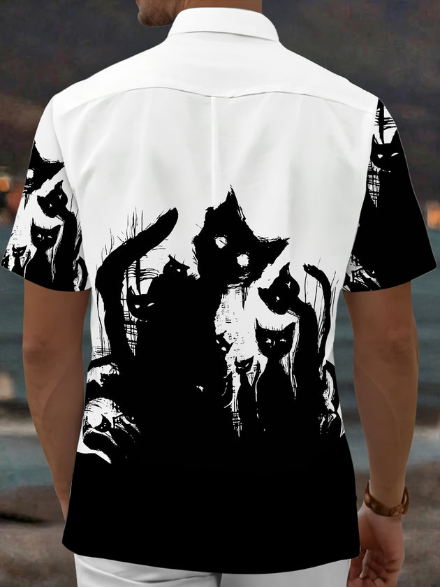 Adaychic Men's Graphic Black Cat Print Short Sleeve Shirt with Chest Pocket
