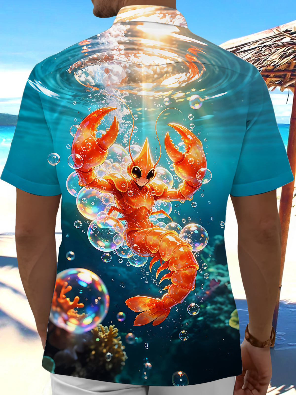 Adaychic Men's Hawaiian Lobster Underwater Scene Print Short Sleeve Shirt with Chest Pocket