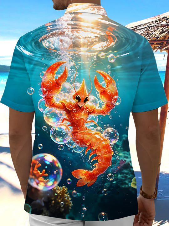Adaychic Men's Hawaiian Lobster Underwater Scene Print Short Sleeve Shirt with Chest Pocket