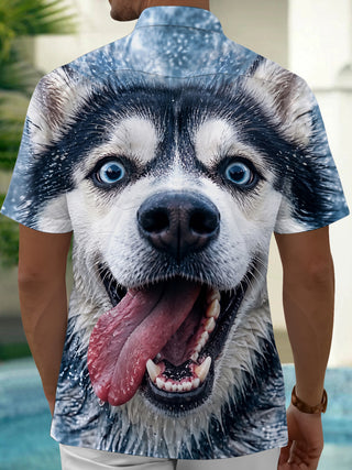 Adaychic Men's Graphic Alaskan Malamute Face Print Short Sleeve Shirt with Chest Pocket