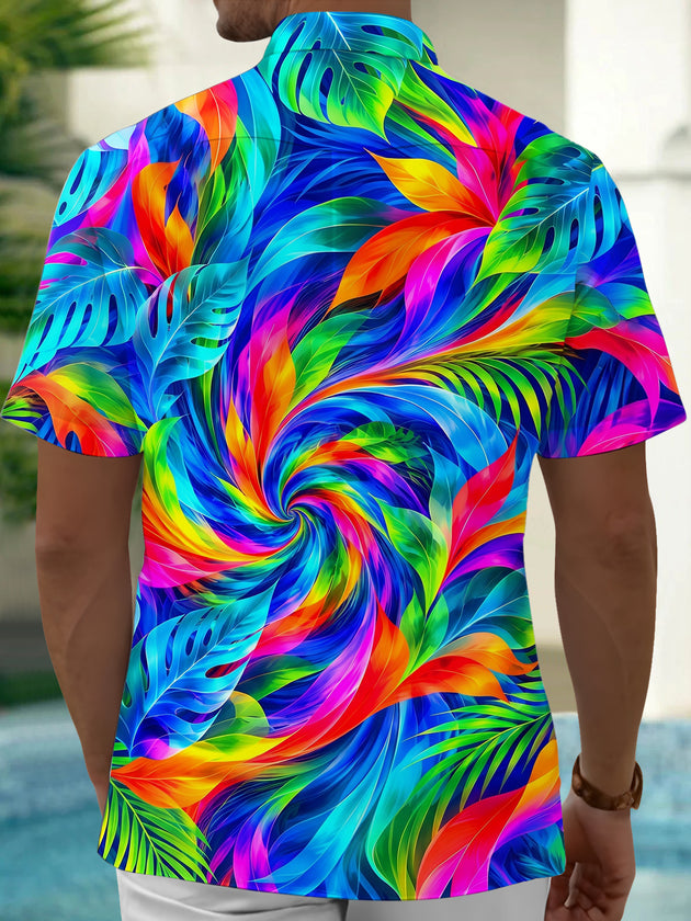Adaychic Men's Hawaiian Abstract Neon Tropical Leaves Print Short Sleeve Shirt with Chest Pocket