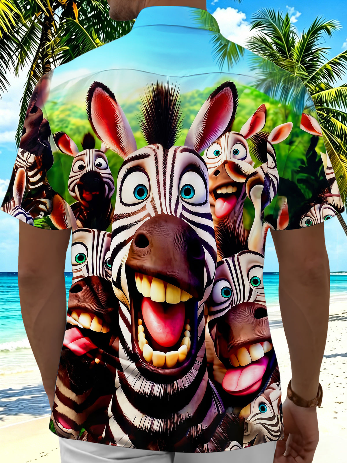 Adaychic Men's Graphic 3D Cartoon Zebra Faces Print Short Sleeve Button Down Shirt with Chest Pocket