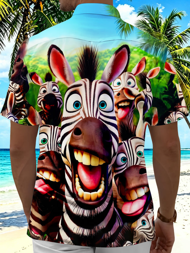 Adaychic Men's Graphic 3D Cartoon Zebra Faces Print Short Sleeve Button Down Shirt with Chest Pocket