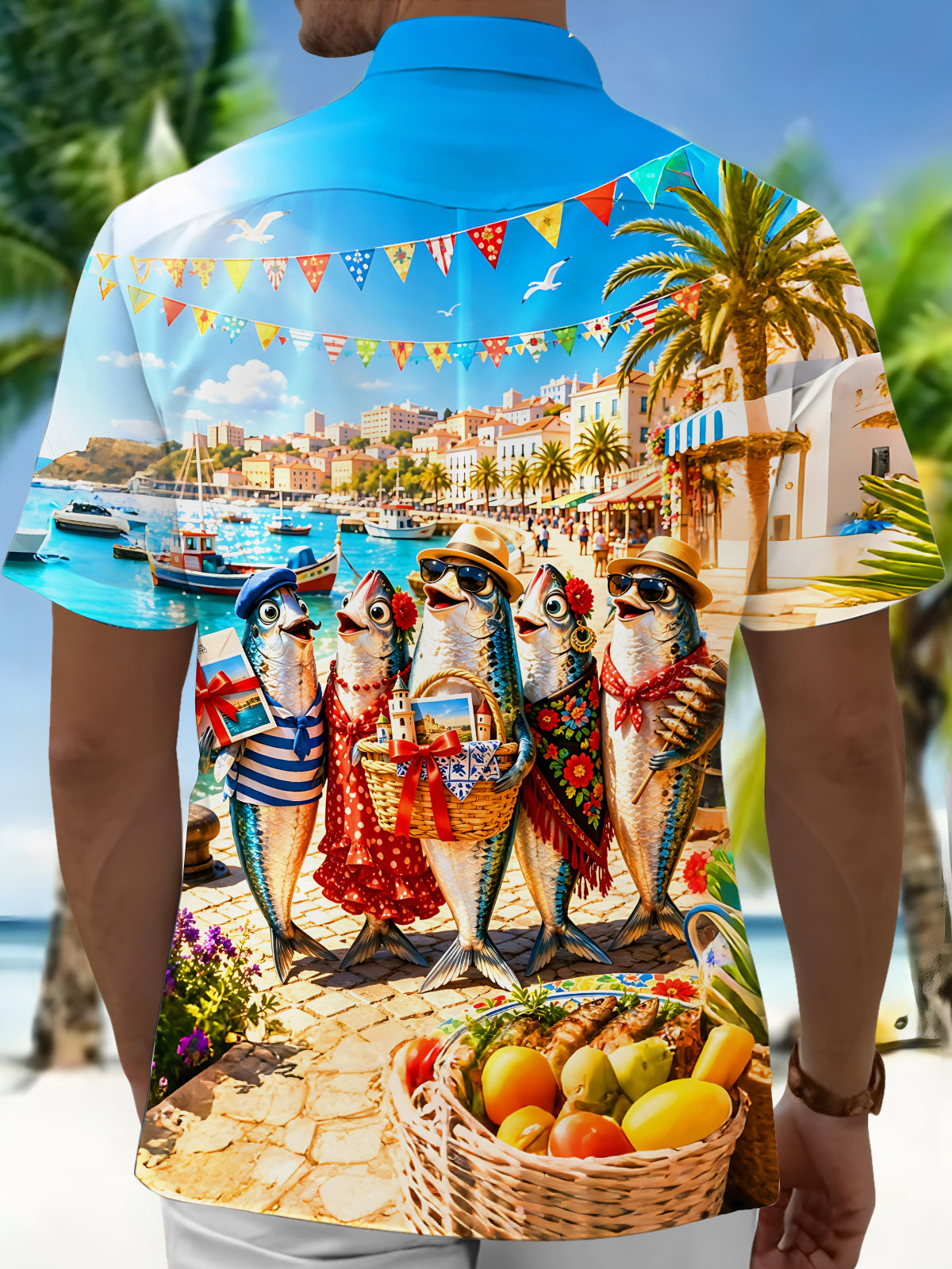 Adaychic Men's Hawaiian Anthropomorphic Fish Print Short Sleeve Shirt with Chest Pocket