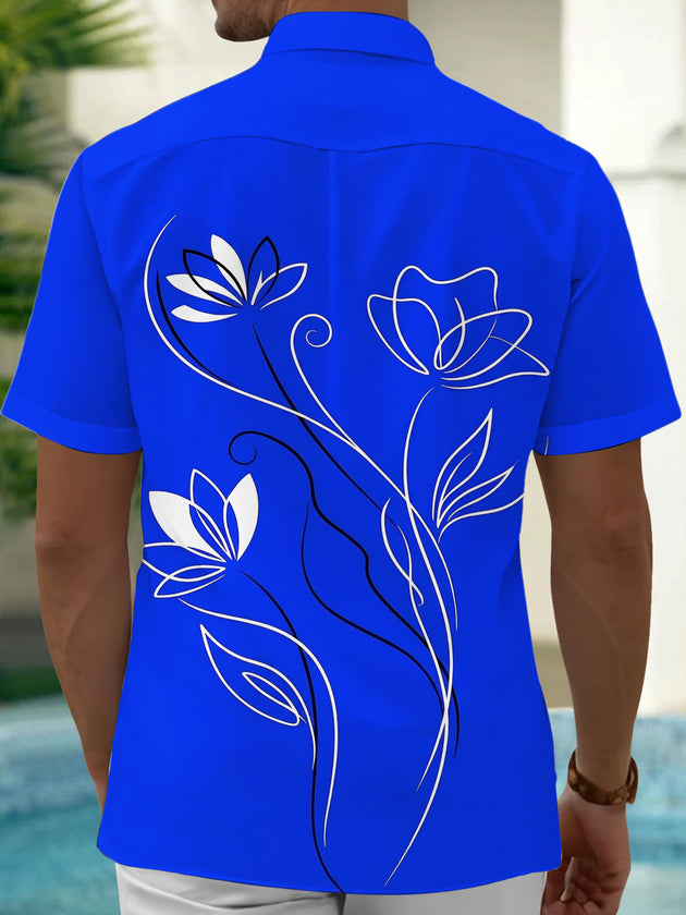 Adaychic Men's Hawaiian White Floral Line Art Print Short Sleeve Shirt with Chest Pocket