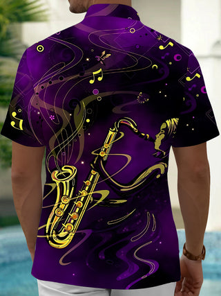 Adaychic Men's Graphic Saxophone Musician Print Short Sleeve Shirt with Chest Pocket