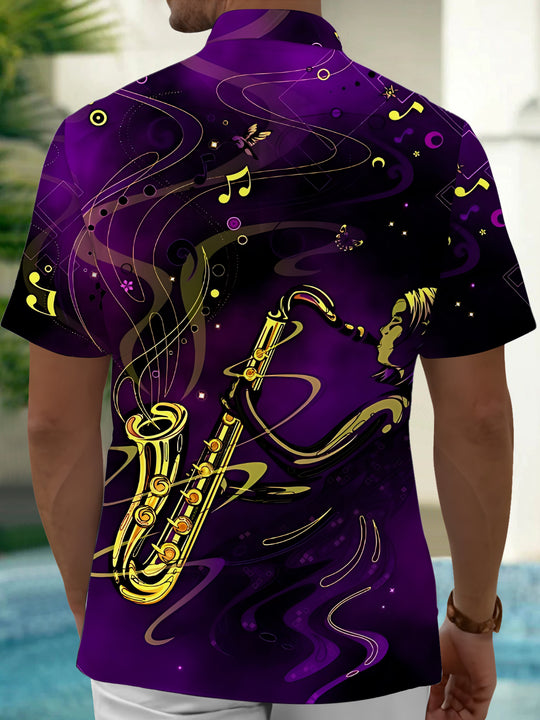 Adaychic Men's Graphic Saxophone Musician Print Short Sleeve Shirt with Chest Pocket