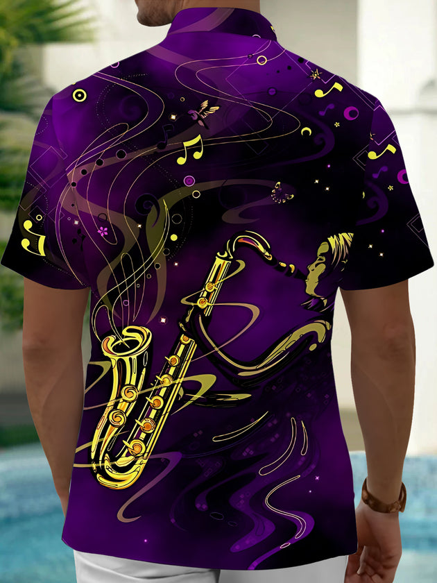 Adaychic Men's Graphic Saxophone Musician Print Short Sleeve Shirt with Chest Pocket