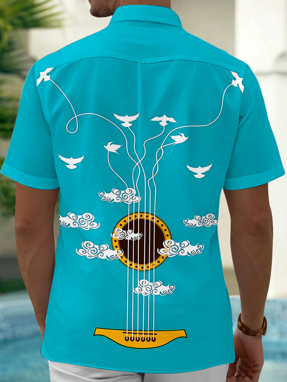 Adaychic Men's Printed Guitar Strings Print Short Sleeve Shirt with Chest Pocket