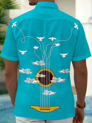 Adaychic Men's Printed Guitar Strings Print Short Sleeve Shirt with Chest Pocket