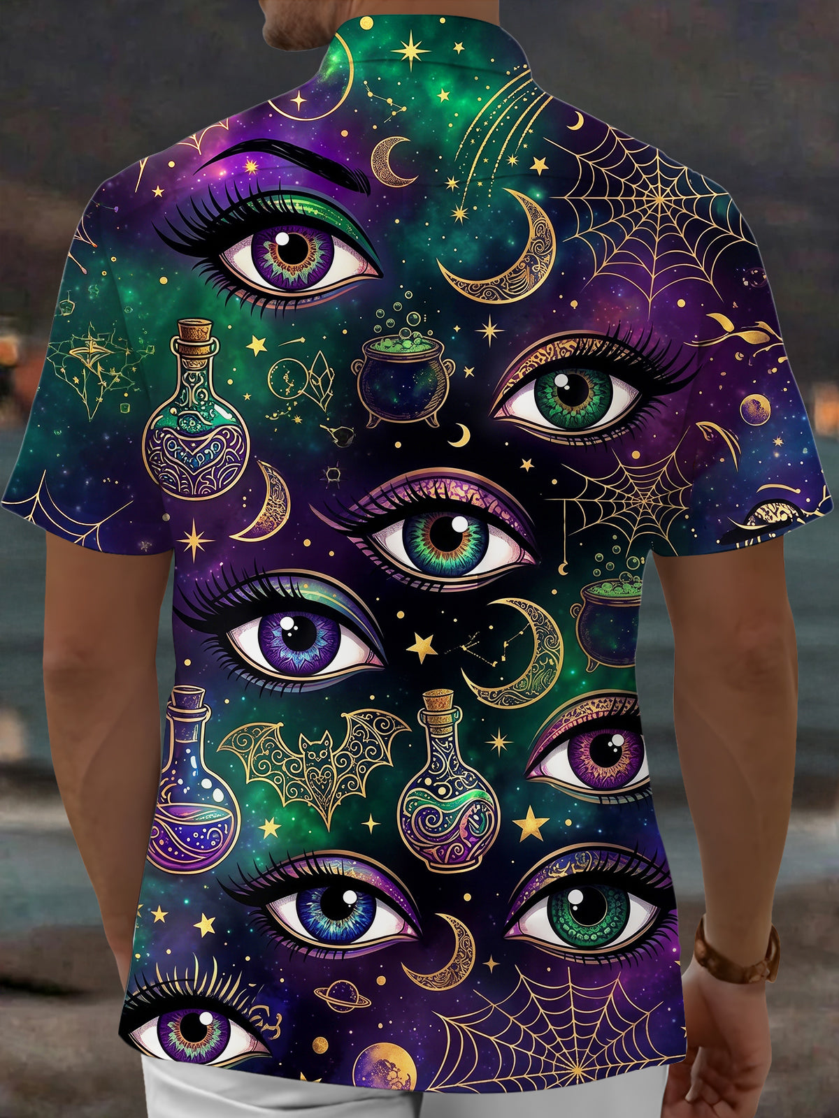 Adaychic Men's Short Sleeve Shirt - Halloween Mystical Elements Print Mystical Eyes And Starry Sky Print with Chest Pocket