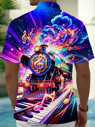 Adaychic Men's Graphic Neon Music Steam Train Print Short Sleeve Shirt with Chest Pocket